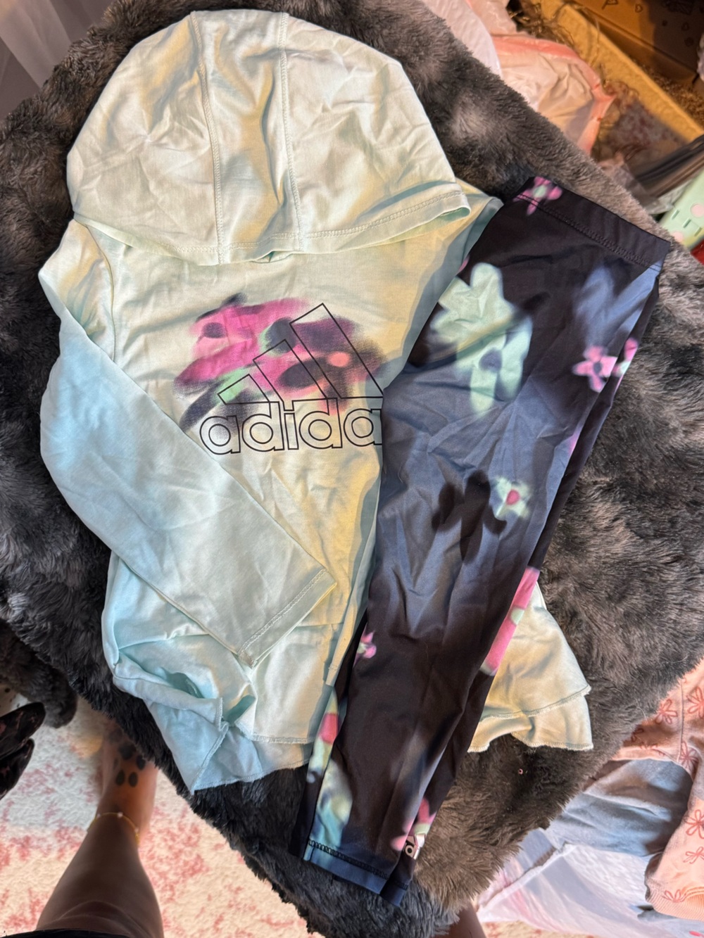 adidas Girls Mint Green Hoodie with Pink & Purple Floral Accent